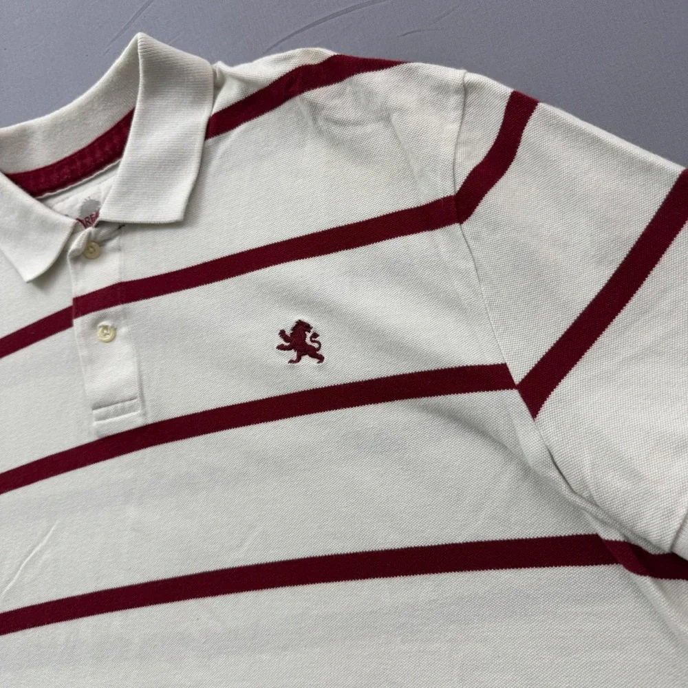 Express Classic Polo Men XXL Cream Burgundy Striped Short Sleeve Lion Logo Shirt